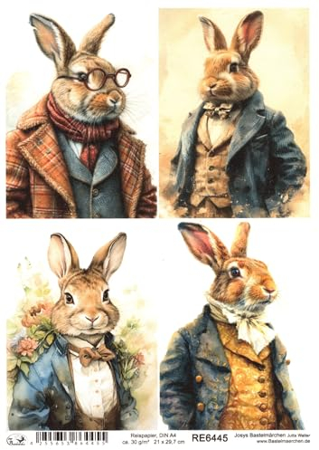 Josys Bastelmärchen Reispapier A4 Strohseide Decoupage Ostern Hase in Vintage Anzug RE6445