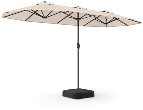 COSTWAY Ombrellone Doppio Giardino 400x200 cm, con Base (Beige) | Ombrellone Rettangolare con Manovella e 12 Stecche, Anti-UV, per Giardino Piscina Patio