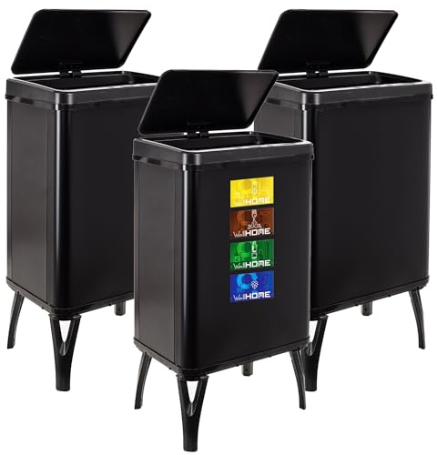 WELL HOME MOBILIARIO & DECORACIÓN 3 Cubos de basura inteligente de 40L c/u, Alto: 71,5 (x35,5x26), negrocon etiquetas magnéticas