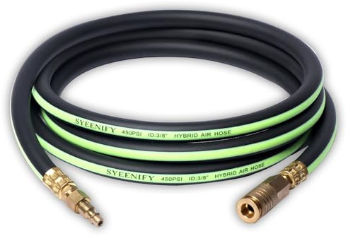 SYEENIFY Air Hose 3/8 in x 10 ft, Thickened 5 Layers Heavy Duty, Kink Resistant, 450PSI Hybrid Air Compressor Hose All-Weather Flexibility with 1/4 Industrial High Flow Quick Brass Coupler and Plug