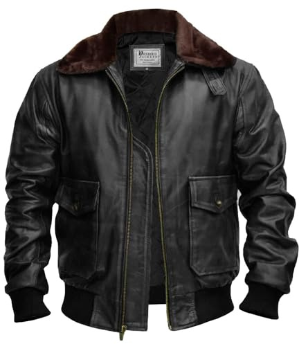 Mens G-1 Fur Collar US Navy Flight Distressed Brown Aviator Genuine Leather Jacket Flight Pilot Aviator USAAF A2 Jacket (x_l, G1 Black Leather Jacket)