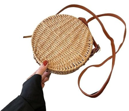 wangfq Korbtaschen Damen Sommer Umhängetasche Frauen Strand Stroh Geflochtene Handgemachte Schulter Handtaschen Mode Luxus Weibliche Geldbörse Dame Shopper Tasche Basttaschen Damen Sommer(Khaki)