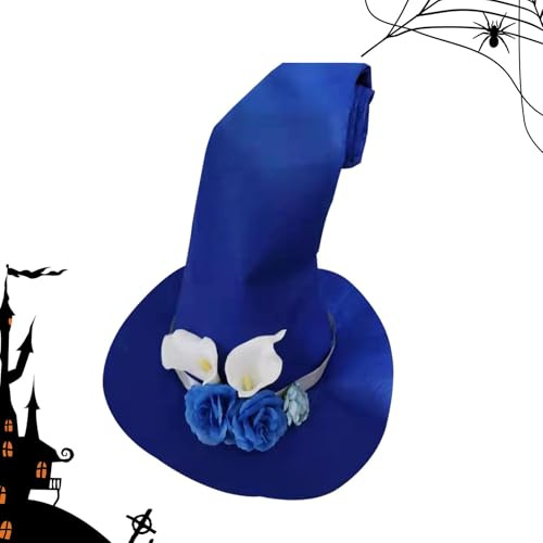 Hexenhut für Damen, spitzer Hut mit breiter Krempe, spitzer Filzhut mit Blume, Hexenkostüm, Halloween-Kostüm, Maskerade, Cosplay-Kostüme