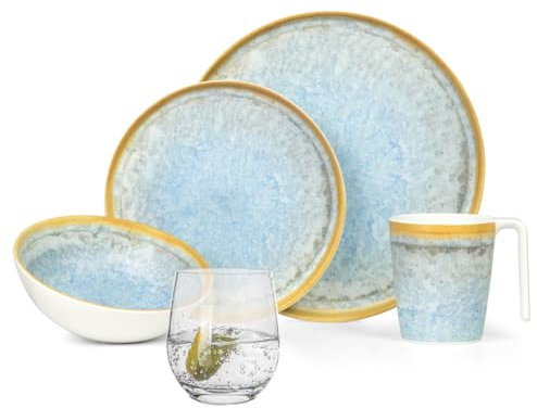 Melamin Camping Geschirr Set 4 Personen Crystal Blue + 4 Tiamo Gläser Wassergläser Tafelgeschirr Picknick BBQ Kochgeschirr