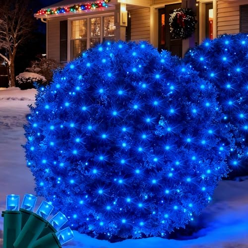 Wabarle Led Christmas Net Lights for Bushes Outdoor, 132LED 6FT x 6FT Connectable UL Certified Net Lights for Bushes Tree Shrubs Xmas Trunk Green Wire Christmas Decorations(Blue)