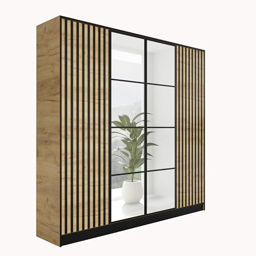 KIER FURNITURE Kleiderschrank mit Spiegel - Garderobenschrank mit Push to Open Türöffner - Schrank mit Ausziehbare Kleiderstange - Eden - 206,4x205x39cm - Craft Eiche