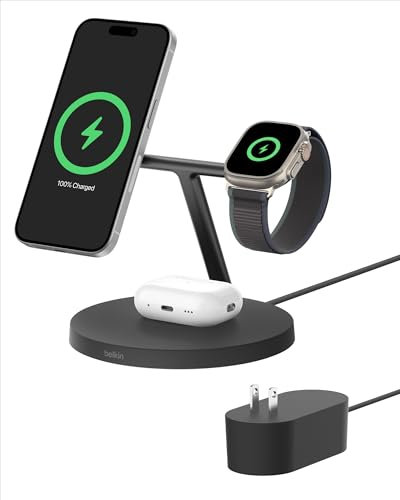 Belkin MagSafe-Compatible iPhone Charger, 3-in-1 Wireless Charging Station, Qi2-Certified 15W Wireless Charge for Apple iPhone 17 Series, Apple Watch, AirPods w/Non-Slip Base, 40W Included - Black