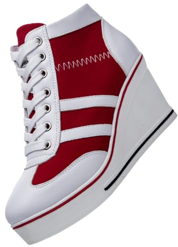 rismart Femme Toile Baskets à Talon Compensé Plate-Forme Chaussures Hautes Décontractées, Rouge Blanc, 39 EU