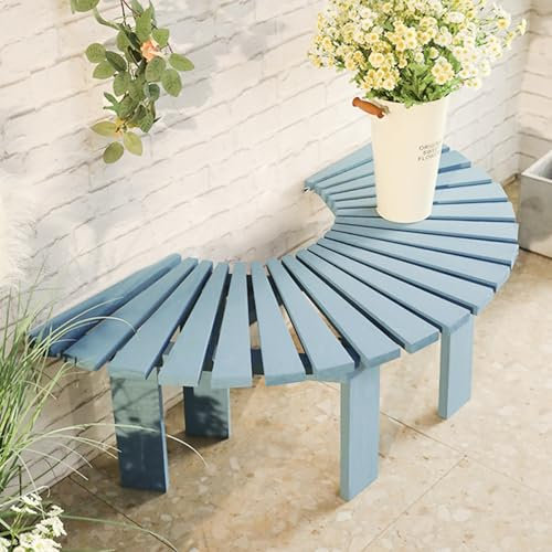 Terrassen Gartenbank Parkbank Halbrunde Baumbank aus Teakholz, Gebogene Verandabank Ohne Rückenlehne, Wetterfest, Klein for Terrasse Gartendeck und Hinterh(Blue)