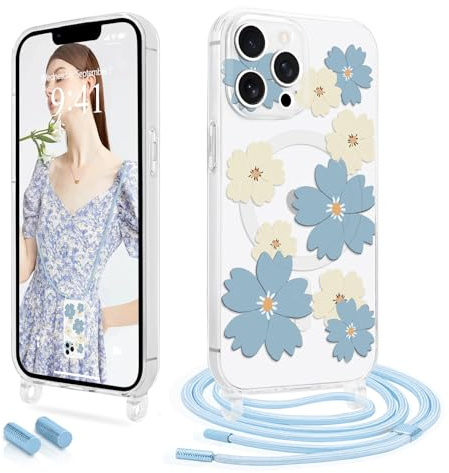 Ethanger Handyband für iPhone 13 Pro Max Hülle mit Band, Blau | Kompatibel mit MagSafe, Transparent Blumen Muster Magnetische Handyhülle, Silikon Schutzhülle zum Umhängen Kordel