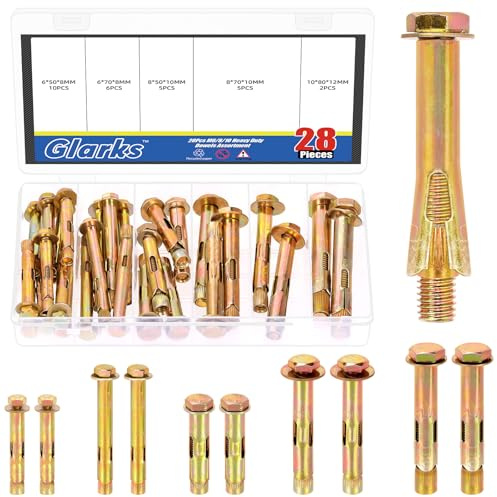 Glarks 28pcs M6x50, M6X70, M8X50, M8X70, M10X80 Hex Bolt Sleeve Concrete Anchor Set, Carbon Steel Hex Head Sleeves Anchor, Hexs Sleeves Anchor Bolt for Concrete Masonry Brick Wall Fixings