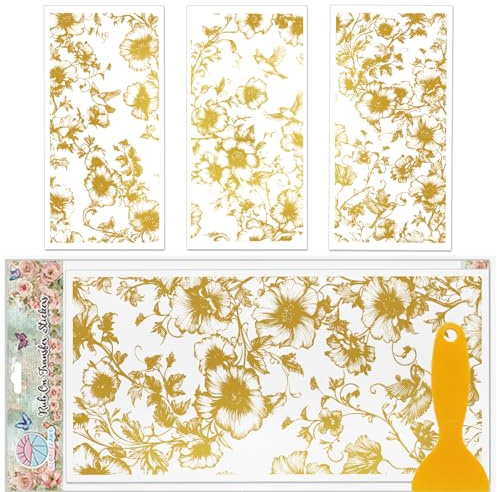 GLOBLELAND 3 fogli di trasferimento per mobili, fiori dorati, uccelli, 30 x 15 cm, fiori primaverili Rub on Transfer, adesivi UV autoadesivi per decorazioni murali, mobili, stanza, scrivania