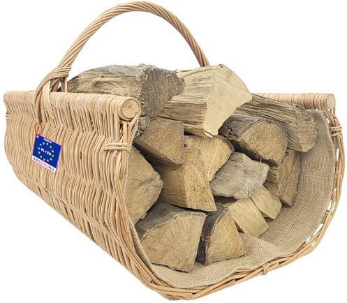 Weidenholz Kaminholzkorb mit Juteinnenraum, groß XXL - Naturbehälter mit offenen Seiten zum Tragen und Aufbewahren von Kaminscheiten oder Ofen - braun - 60x47x40 cm