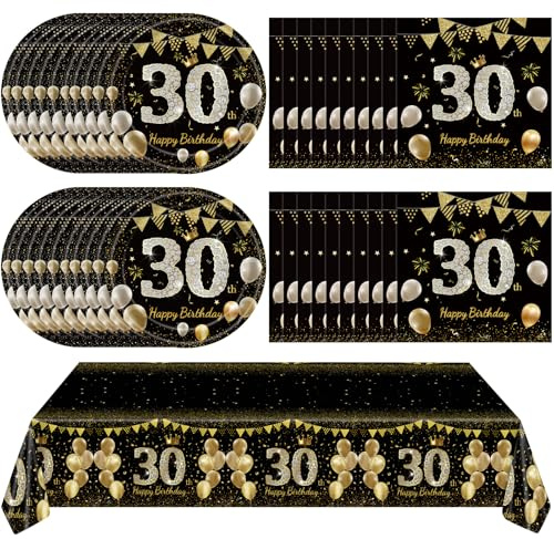 41Pcs 30th Birthday Decorations for Men Women, Black Gold 30 Year Old Birthday Party Supplies Include 20 Plates 20 Napkins and 1 Tablecloth, Black Gold 30 Aged Birth Party Tableware
