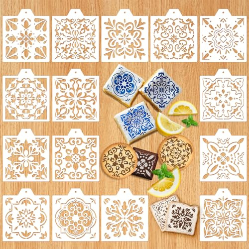 Whaline 15 Pcs Floral Tile Cookie Stencils Chinoiserie Toile Tiles Airbrush Painting Stencils with Bead Chain Decor Biscuit Coffee Cake Baking Reusable Templates for DIY Crafts Birthday Party