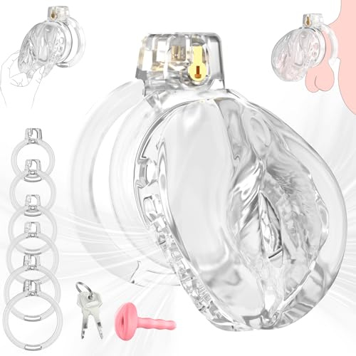 QRRQ Chastity Cage Männer mit 6 Penisringen, Weiches und Bequemes TPE Keuschheitskäfig Herren, Penis Käfig für SM Fetisch, Sexspielzeug Fesselspiele (Transparent) (S)