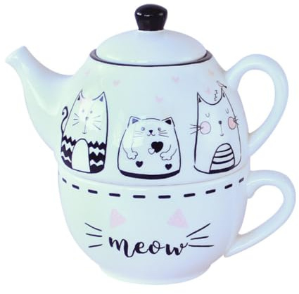 GALPADA Keramik Teekanne Mit Katzenmuster Und Tasse Set Für 1 Person 7.52X4.61X6.61In Kreatives Tee-Set Für Zuhause Und Büro Geschenk Für Teeliebhaber