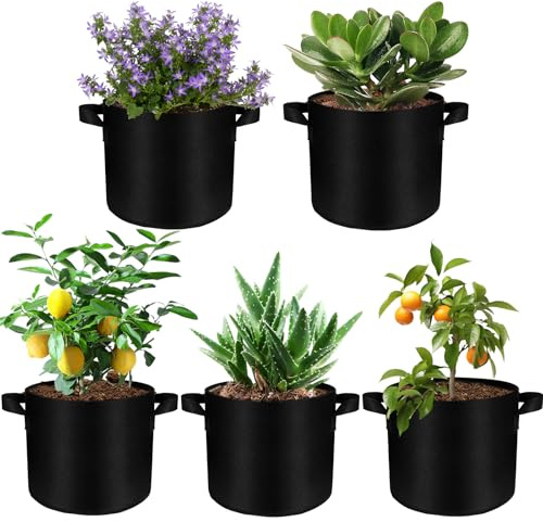 Solaverano 5 Pezzi Sacchi per Piante 20L, Tessuto Non Tessuto Borsa Coltivazione con Manici per Pomodori, Vasi di Piantare, per Piante da Giardino Patate Pomodori Verdure Frutta, 30×25cm Nero