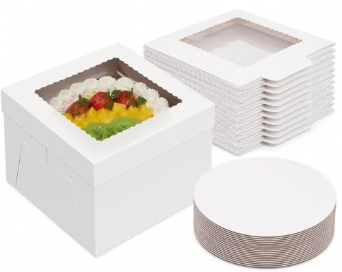 Defresit 20Pack 8 Inch Cake Boxes With Cake Boards (10 boxes & 10 boards), 8X8X5Inch White Bakery Boxes With Windown For Cajas Pasteles, Cookie, Pastries, Pie, Bakers, Wedding, Birthday, Fathers day