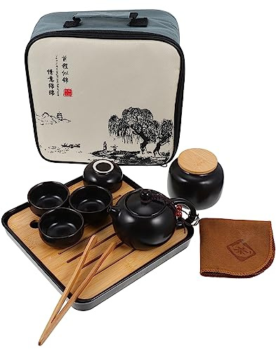 Warmhm Service à Thé Kung Fu Portable En Céramique Noire, Théière Créative 1 Verseuse Et 4 Tasses, Ensemble Voyage Pour Amateurs De Thé, Maison Et Fêtes