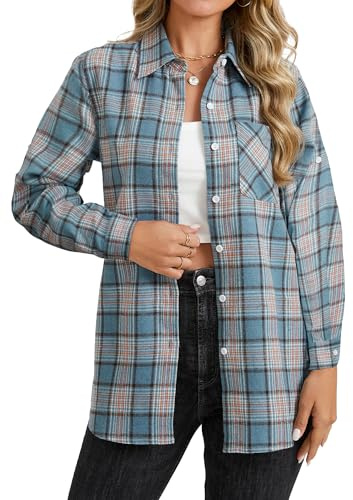 Stamain Kvadratisk Skjorta Kvinnor Rutig Skjorta Långärmad Avslappnad Button Down Blus Pojkvän Stil S-4XL, Blå/vit, 3XL