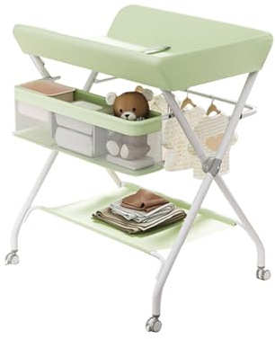 PortoAlegre Wickelkommode Wickeltisch Klappbar Baby Wickelkombi Mit Ablagefächern Mobiler Wickeltisch Mit Rollen Und Wickelauflage, Wasserdicht Und Höhenverstellbar, 80x60x103Cm