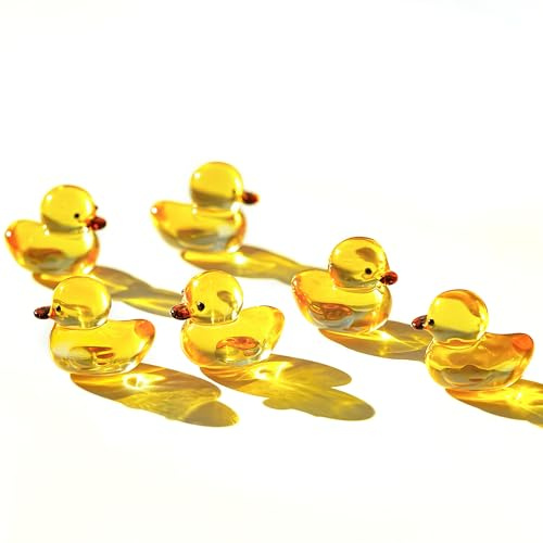 6 Pcs Mini Yellow Glass Duck Figurines Collectible Desk Decor | Mini Yellow Crystal Glass Duck Figurines Collectible Set of 6 Sculptures for Office Desk Table Shelf Home Display Decor