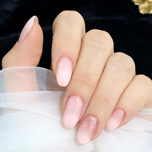 Virellay 24 Stück Ombre Falsche Nägel Zum Aufkleben, Glossy Gradient Rosa Weiß Almond Künstliche Nägel, Glänzend Full Cover Fake Nails für Frauen Mädchen (Gradient Glizter)