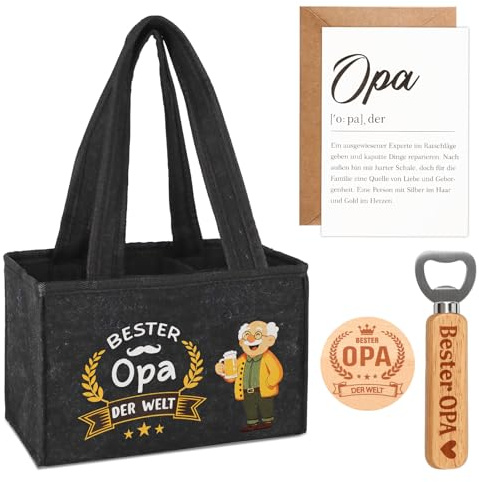 WenmthG Opa Geschenk Bier Männerhandtasche aus Hochwertigem Filz für 6 Bierflaschen mit Untersetzer Flaschenöffner und Grußkarte Flaschenträger Männer Vatertags