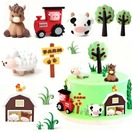 Farm Cake Toppers,12PCS Farm Birthday Cake Decorations with Tractor Cow Horse Sheep Farmhouse & Signpost Animal Party Supplies for Shower Birthday Party