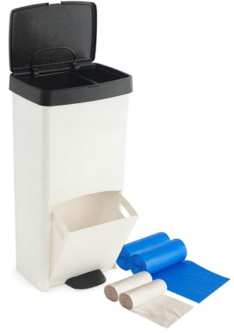 WELL HOME MOBILIARIO & DECORACIÓN Cubo de basura 70L, VERTICAL, 2 compartimentos, papelera residuos, 76 cm, INCLUYE bolsas de basura adaptadas 30+10L, Blanco