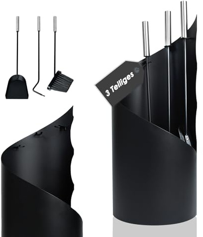 Suusolny Kaminbesteck Mit 3 teilig modern kaminofen zubehör-Kaminschaufel, Ascheschaufel, Ständer,Mit griff Kamin besteck set - Kreisförmig(Schwarz)