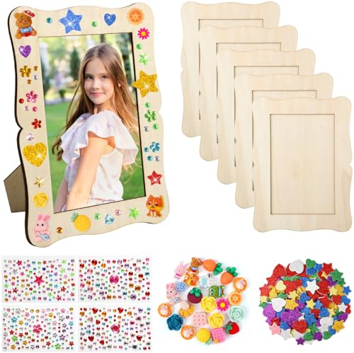 Elektheim 6 Stück DIY Fotorahmen aus Holz 14x19 cm, Holzrahmen inkl Diamant Aufkleber EVA Glitzer Sticker Bastelset für Geschenk Personalisierbarer Bilderrahmen zum Gestalten DIY Rahmen Bemalen