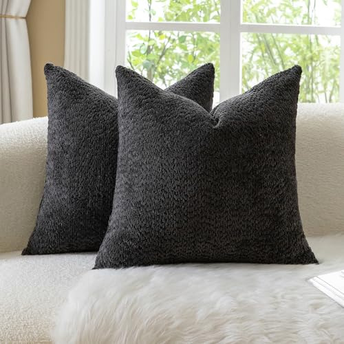 Neelvin 2er Set Dekorative Chenille Kissenbezüge Weiche Bouclé Sofakissenbezüge Woven Texturierte Luxus Zierkissenhüllen für Schlafzimmer und Sofa Schwarz 40x40cm