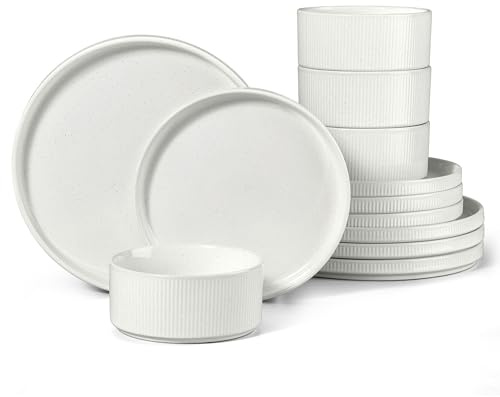 HaWare Dinner Set, 12 PCS Stoneware Plates and Bowls Set, Speckled White | Reactive Glaze Dinnerware Sets, Vertical Stripe Edge Design, Chip and Scratch Resistant, Dishwasher & Microwave & Oven Safe