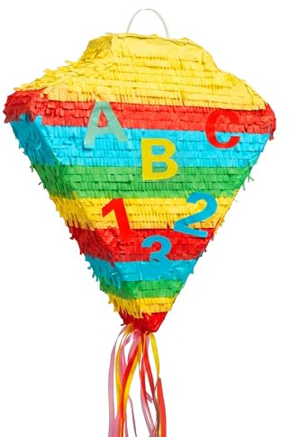 Relaxdays Pinata Einschulung, mit Stab & Maske, Partypinata Kinder, Schulanfang, zum Befüllen, HBT: 48x36x7,5 cm, bunt