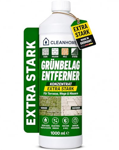 CLEANHOME Grünbelag Entferner Konzentrat 1 Liter – extra starker Grünbelagentferner gegen Algen, Moos & Flechten | selbsttätiger Steinreiniger außen für Terrasse, Wege, Mauern & Holz