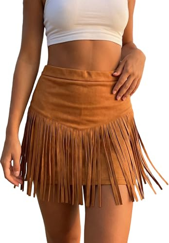Felcia Women Western Cowgirl Skirt Faux Suede High Waist Mini Skirt A Line Rave Party Streetwear Country Concert Outfit (A-Light Brown, M)