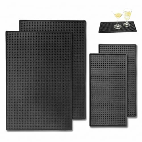 Lot de 4 tapis de bar - 45 x 30 + 30 x 15 cm - En silicone - Noir | Tapis de bar pour bar, club, café, restaurant, cocktail, comptoir, comptoir, tapis de séchage pour barman