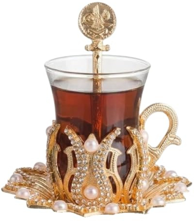 DEMMEX 24-teiliges Türkisches Teeset – 6 Teegläser mit Haltern, Untertassen und Löffeln, verziert mit Kristallen und Perlen, handgefertigt, goldfarbenes Design