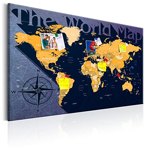Pinnwand B&D XXL - Weltkarte Pinnwand & Leinwandbild 120x80 cm 1 Teilig Kunstdruck modern Wandbilder XXL Wanddekoration Design Wand Bild - Landkarte Karte Reise Geographie