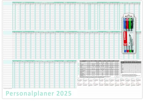 Urlaubsplaner/Personalplaner 2027 DIN B2 nass abwischbar inkl. Stifteset Format (500 x 700 mm) für bis zu 22 Mitarbeiter Januar Kalenderjahr bis März Folgejahr mit Schulferien (gerollt!)