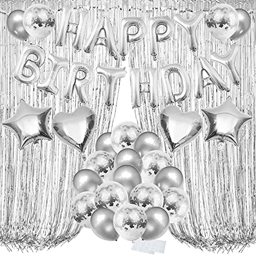 ZERODECO Geburtstagsdeko Silber Set, Happy Birthday Buchstaben Ballons Folienvorhänge Mylarfolie Stern und Herzform Ballons Konfetti Luftballons