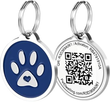 Pet Dwelling Premium QR-Code Haustier-ID-Tags, Erkennungsmarken und Katzenmarken, Verbindung mit Online-Haustierprofil, erhalten sofort gescannte Marken-Standort-E-Mail-Benachrichtigung (blaue Pfote)