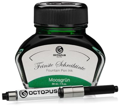Octopus Fluids Füllhaltertinte Moosgrün, mit Tinten-Konverter, 30 ml | Mit Tinten-Konverter für Füllhalter mit Standardpatronensystem, farbintensive Schreibtinte mit schönem Shading