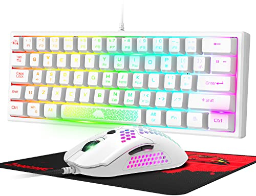 LexonElec K61-60% Bianco Tastiera E Mouse Da Gaming Con Retroilluminazione RGB, Mini Compatta 62 Tasti Meccanica Tatto QWERTY - 6400 Dpi Led Topo Ultraleggera Cavo Flexible Per Win Mac PC Tablet