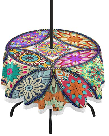 xigua Boho Mandala Native Round Tablecloth 60In,Waterproof Patio Table Cloths with Umbrella Hole and Zipper,Table Covers for Indoor & Outdoor Backyard/BBQ/Picnic