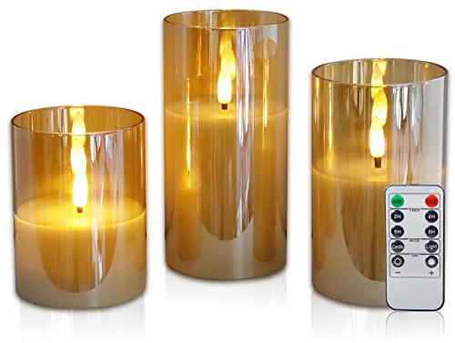 CCLIFE Velas eléctricas y LED de cera real con control remoto, función de temporizador, hechas de parafina, Funcionamiento con batería,Cristal Dorado 3 Piezas