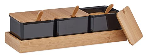 Relaxdays Set da 3 Contenitori per Spezie, Barattoli in Plastica con Coperchio, Cucchiaini e Vassoio in bambù, Nero, Acciaio Inox