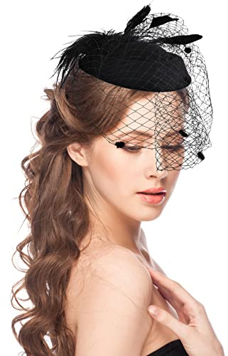 Yolev Fascinator Hat Veil Feather Fascinators Hair Clip Tea Party Pillbox Derby Hat Cocktail Tea Party Headwear for Girls and Women Black